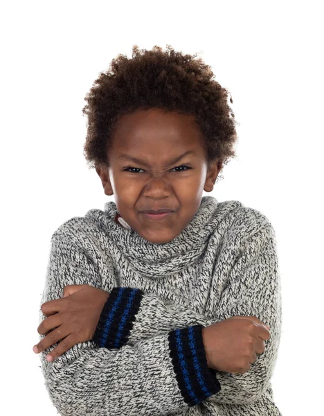 Criança Africana Irritada Com Camisa Isolada Fundo Branco — Fotografia de Stock