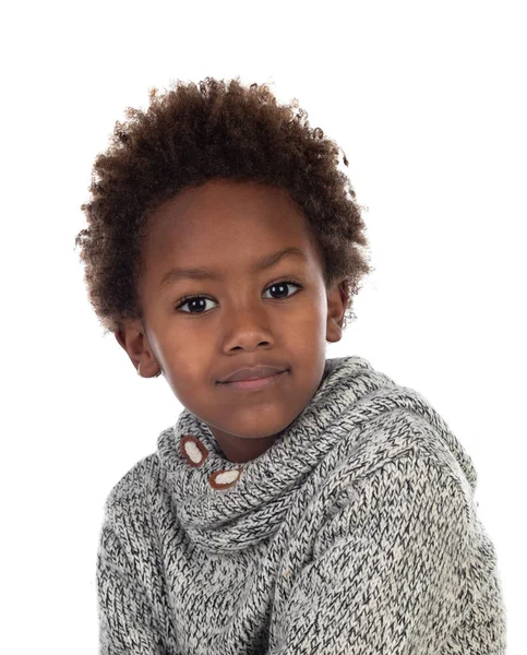 美丽的非裔美国人孩子与灰色羊毛球衣查出在白色背景 — 图库照片