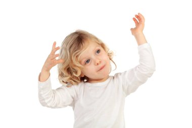 Mutlu küçük çocuk gesticulating beyaz arka plan üzerinde izole