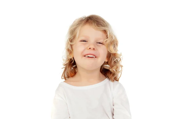Ευτυχισμένο Ξανθό Παιδί Μακριά Μαλλιά Απομονωμένο Λευκό Φόντο — Φωτογραφία Αρχείου
