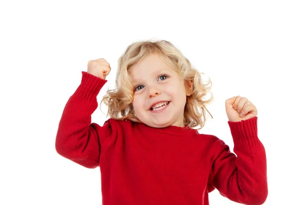 Счастливый Маленький Ребенок Поднимает Руки Изолированы Белом Фоне — стоковое фото