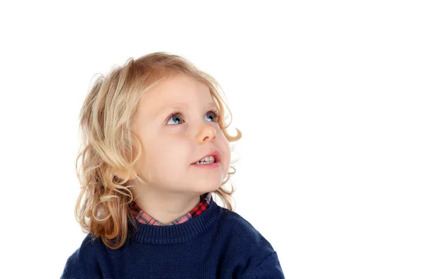 Vackra Lilla Barnet Tittar Upp Isolerade Vit Bakgrund — Stockfoto
