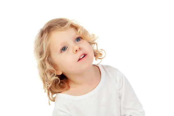 Güzel Küçük Çocuk Bakmak Beyaz Bir Arka Plan Üzerinde Izole — Stok fotoğraf