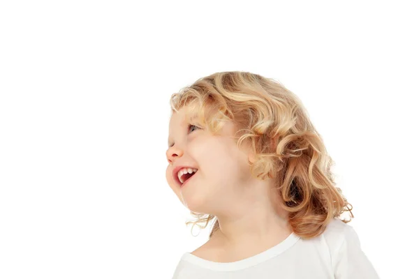 Hermoso Niño Mirando Hacia Arriba Aislado Sobre Fondo Blanco — Foto de Stock