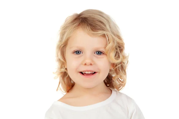 Felice Bambino Biondo Con Capelli Lunghi Isolati Uno Sfondo Bianco — Foto Stock