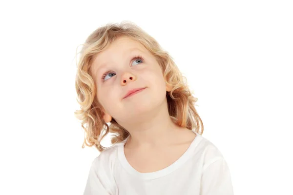 Hermoso Niño Mirando Hacia Arriba Aislado Sobre Fondo Blanco — Foto de Stock