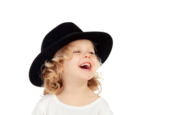 Αστεία Μικρό Ξανθό Παιδί Μαύρο Καπέλο Που Απομονώνονται Λευκό Φόντο — Φωτογραφία Αρχείου