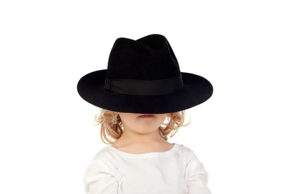 Αστεία Μικρό Ξανθό Παιδί Μαύρο Καπέλο Που Απομονώνονται Λευκό Φόντο — Φωτογραφία Αρχείου