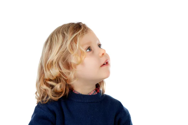Schönes Kleines Kind Das Isoliert Auf Weißem Hintergrund Aufblickt — Stockfoto