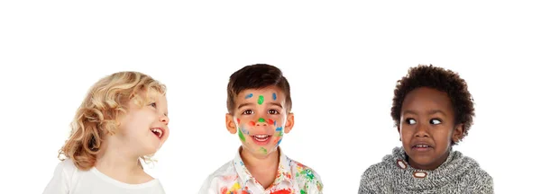 Twee Kinderen Lachen Elkaar Die Geschilderd Geïsoleerd Een Witte Achtergrond — Stockfoto