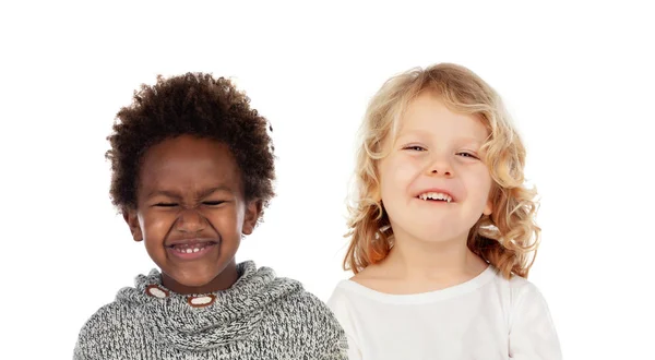 Två Små Barn Som Täcker Deras Munnar Isolerad Vit Bakgrund — Stockfoto
