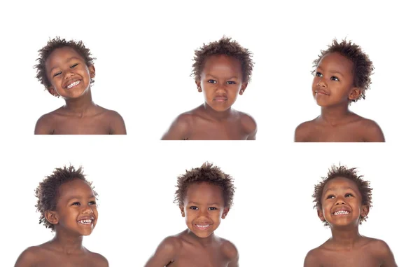 Criança Africana Com Diferentes Expressões Isoladas Fundo Branco — Fotografia de Stock