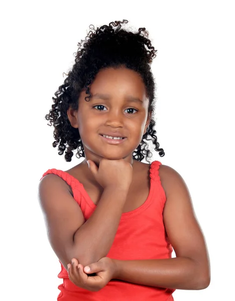 Pensiva Menina Africana Vestindo Camiseta Vermelha Isolada Fundo Branco — Fotografia de Stock