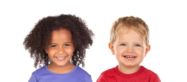 Dos Niños Divertidos Riendo Aislados Fondo Blanco — Foto de Stock