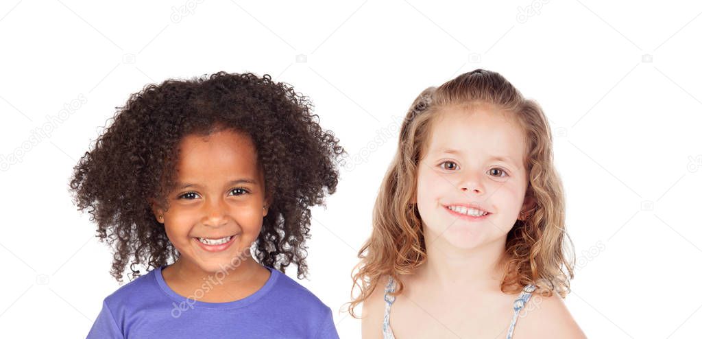 Two funny children laughing isolated on a white backround