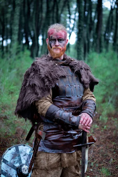 Bloody Real Viking His Sword Countryside — Stock Photo, Image