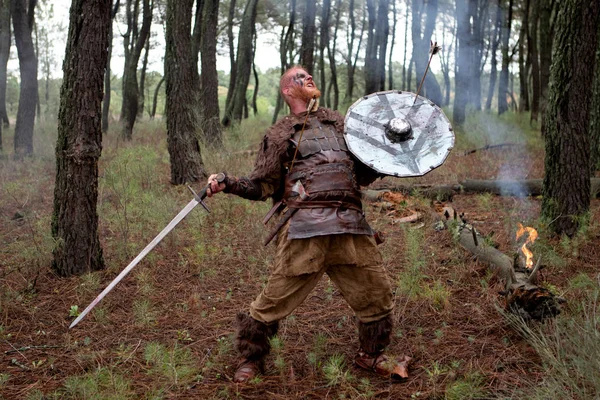 Bloedige Echte Viking Met Zijn Zwaard Het Platteland Training Voor — Stockfoto