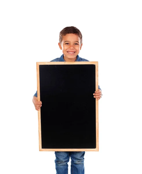 Niño Feliz Sosteniendo Una Pizarra Blanco Aislado Sobre Fondo Blanco —  Fotos de Stock