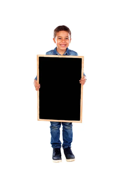 快乐的孩子拿着一张白底板 在白色背景上隔离 — 图库照片