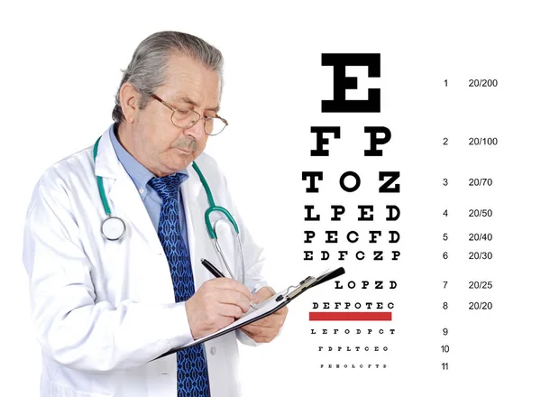 Hombre Oculista Senior Con Gafas Que Revisa Salud Ocular Paciente — Foto de Stock