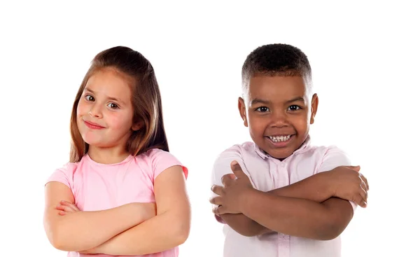 Twee Grappige Kinderen Kijken Naar Camera Geïsoleerd Een Witte Backround — Stockfoto