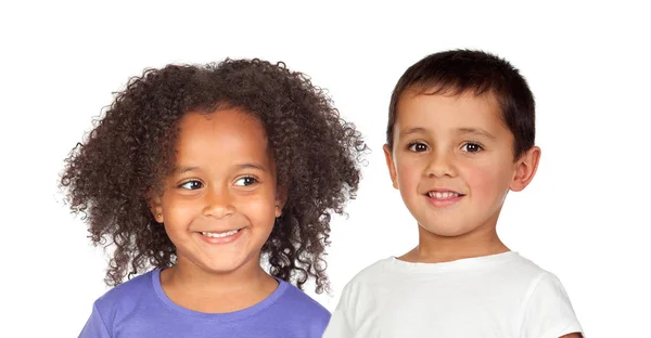 Deux Enfants Drôles Regardant Caméra Isolée Sur Fond Blanc — Photo