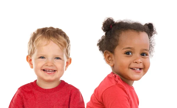 Dos Niños Divertidos Mirando Cámara Aislada Fondo Blanco — Foto de Stock