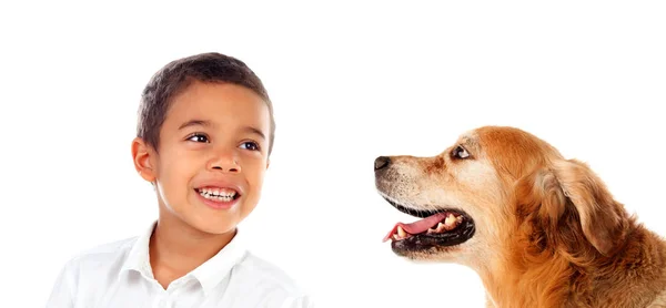 Счастливый Латинский Мальчик Собака Изолированы Белом Фоне — стоковое фото