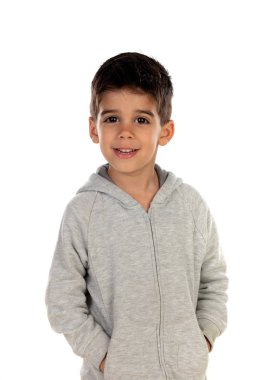 Beyaz bir arka plan üzerinde izole gri sweatshirt ile Gipsy çocuk