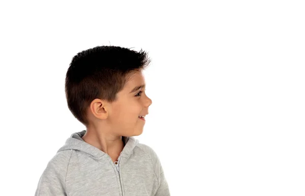 Niño Feliz Con Sudadera Gris Aislada Sobre Fondo Blanco —  Fotos de Stock