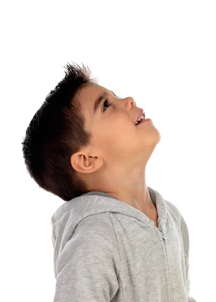 Niño Gitano Con Sudadera Gris Mirando Hacia Arriba Aislado Sobre —  Fotos de Stock