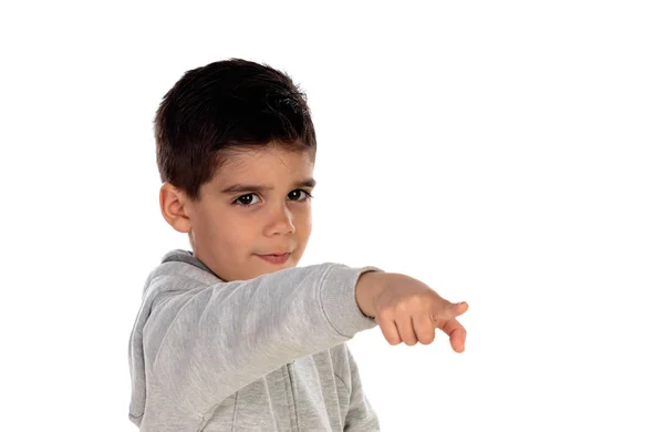 Lindo Niño Señalando Con Dedo Aislado Sobre Fondo Blanco — Foto de Stock