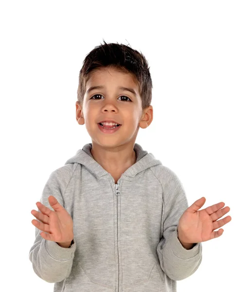 Niño Gitano Con Ropa Gris Aplaudiendo Aislado Sobre Fondo Blanco — Foto de Stock