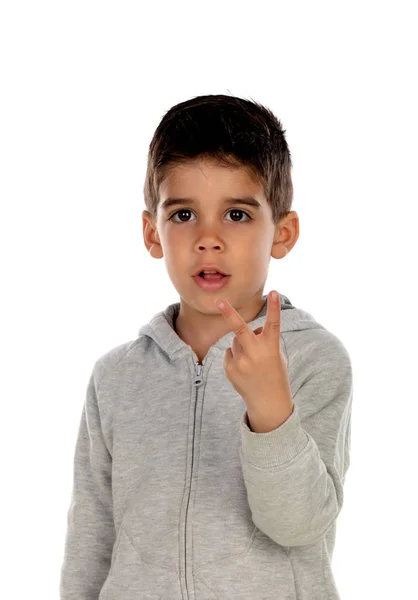 Dark Haired Child Showing Two Fingers Isolated White Background — Stock Photo, Image