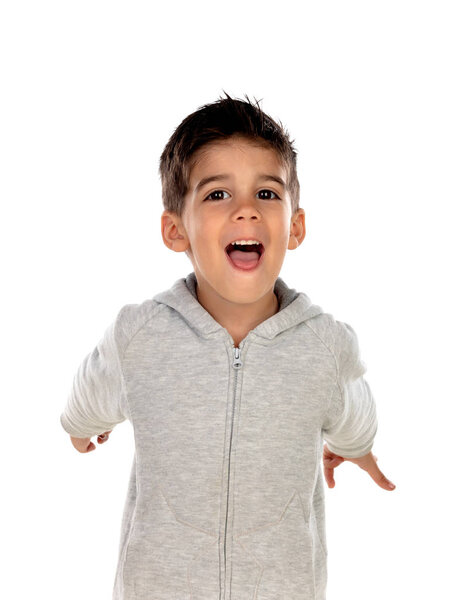 Gipsy child with grey clothes clapping isolated on a white background