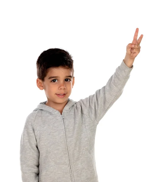 Criança Cabelos Escuros Mostrando Dois Dedos Isolados Fundo Branco — Fotografia de Stock