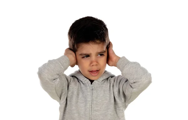Küçük Çocuk Onun Kulakları Isoalted Beyaz Bir Arka Plan Üzerinde — Stok fotoğraf