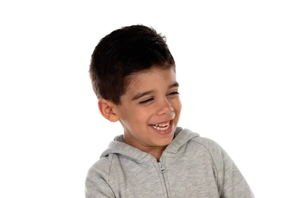 Niño Gitano Con Sudadera Gris Aislada Sobre Fondo Blanco —  Fotos de Stock