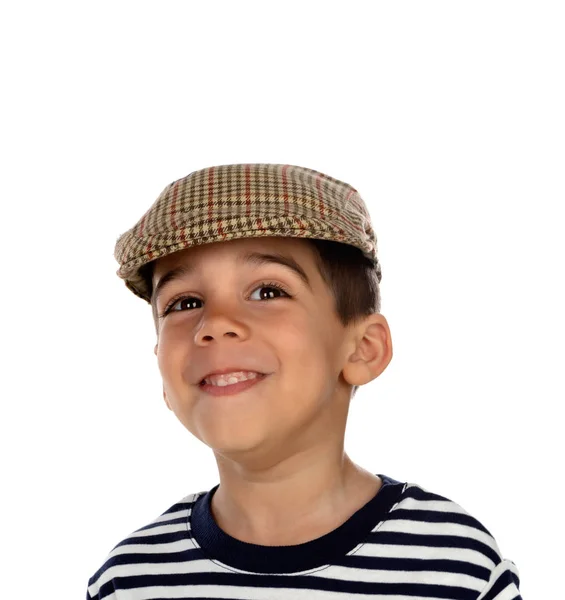 Niño Divertido Con Una Gorra Española Aislada Sobre Fondo Blanco — Foto de Stock