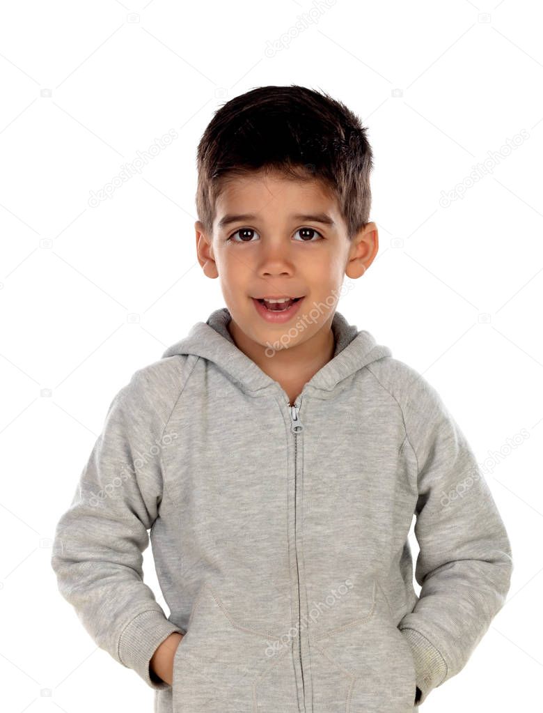 Gipsy child with grey sweatshirt isolated on a white background