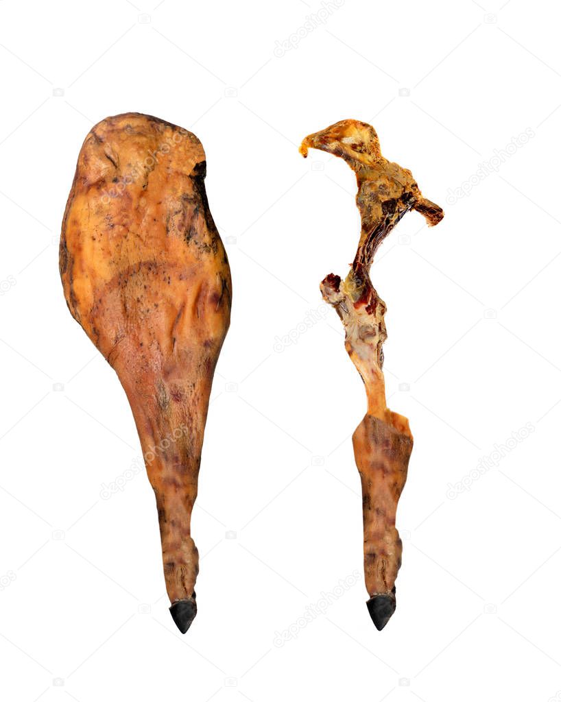 Before and After a Iberian Ham Leg has been eated Isolated on a white background