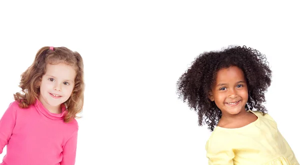 Duas Crianças Engraçadas Rindo Isoladas Fundo Branco — Fotografia de Stock