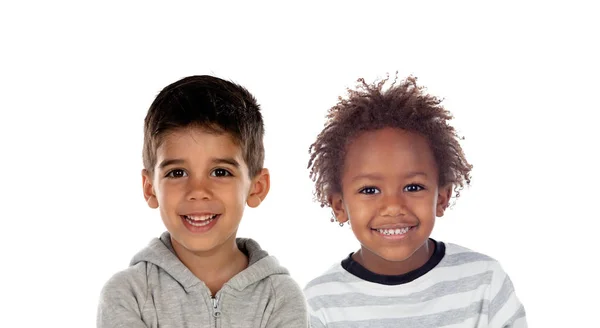 Gelukkige Kinderen Kijken Naar Camera Geïsoleerd Een Witte Backround — Stockfoto