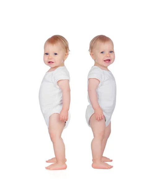 Twins Standing Underwear Isolated White Background — ストック写真