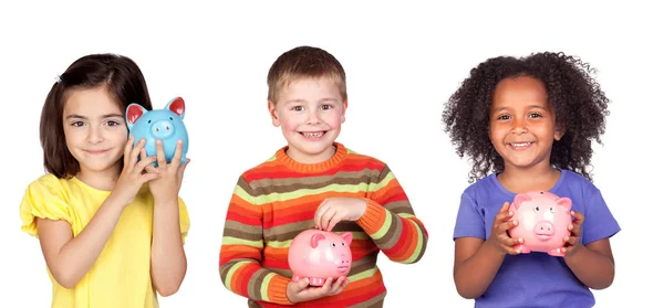 Copiii Economisesc Banca Lor Porci Izolată Fundal Alb — Fotografie, imagine de stoc