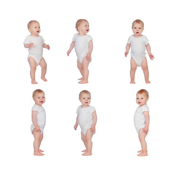 Sequence Babies Standing Underwear Isolated White Background — Stock Photo, Image