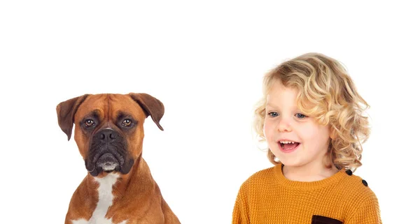 Divertido Niño Rubio Perro Aislado Sobre Fondo Blanco — Foto de Stock