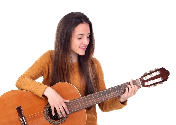 Adolescente Menina Tocando Uma Guitarra Isolada Fundo Branco — Fotografia de Stock