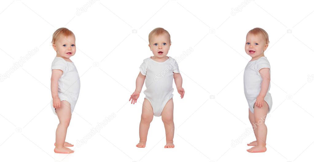 Triplets baby standing in underwear isolated on white background