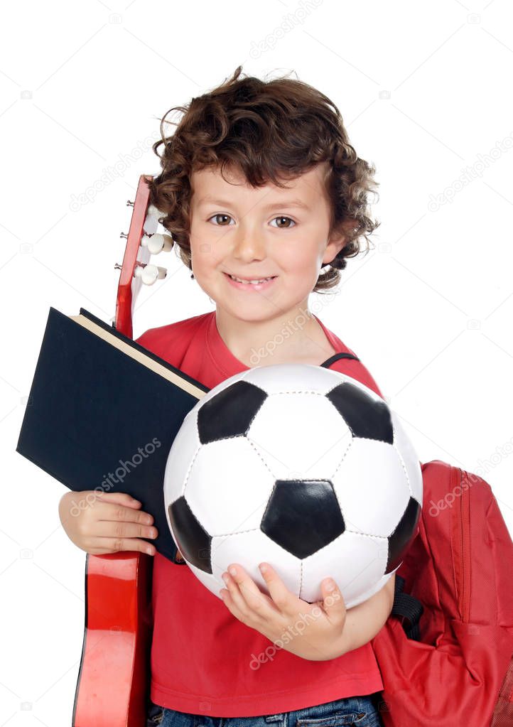 Bussy school child with a ball, a guitar, and a book
